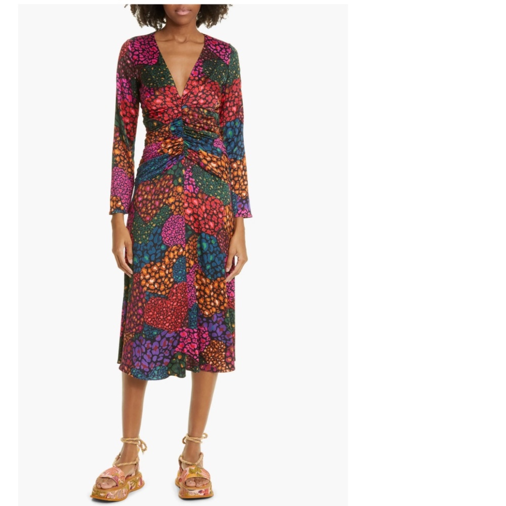 NWT $265 FARM Rio Rainbow Hearts Ruched Long Sleeve Midi Dress in size Medium!